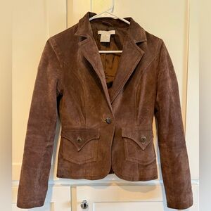 100% brown leather western size small women’s blazer, fully lined.